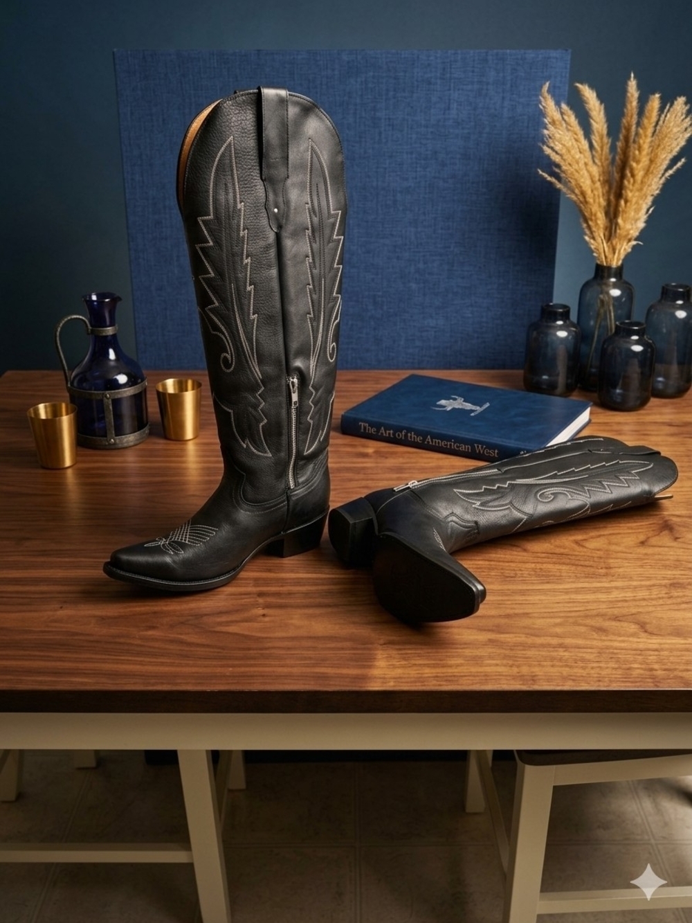 Black Mid-Calf Western Heeled Boots